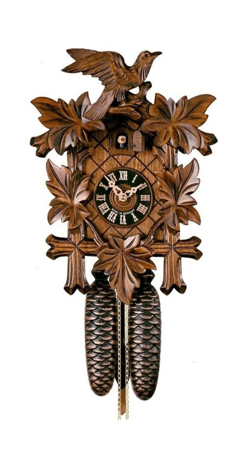 German Black Forest Cuckoo Clock with Five Leaf One Bird 13" Walnut Stain