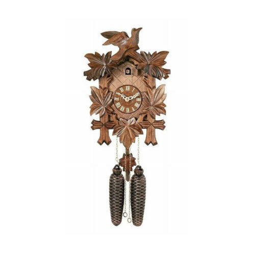 German Black Forest Cuckoo Clock with Five Leaf One Bird 13" Walnut Stain