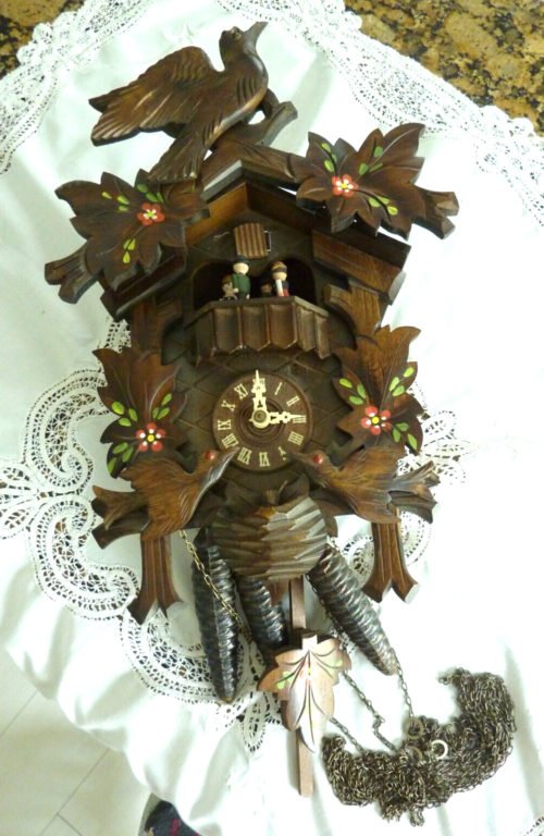 German Black Forrest Cuckoo Clock With 3 Cast Iron Weights, 8 Day Needs Repair