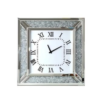 Glamorous Silver Square Wall Clock - Crushed Diamond Inlay, Mirrored Frame, Roman...