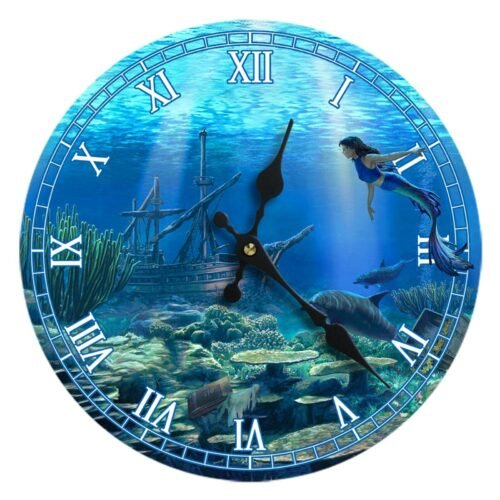 Glass Wall Clock Mermaid 13"X 13" Home Wall Decor Coastal Nautical Beach New