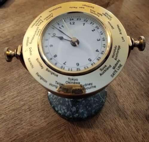 GMT Swivel Desk Clock Marble Brass Rotating World Time Zone