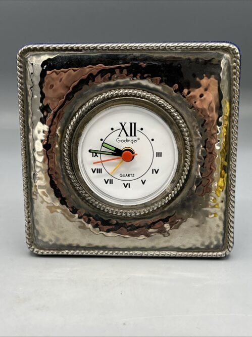 Godinger Hammered Silver Plate Quartz Alarm Clock Square Shape Roman Numerals