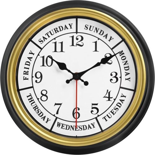 (Gold ) 45MinST 12” Wall Clock, Silent Day & Week Calendar Battery Operated