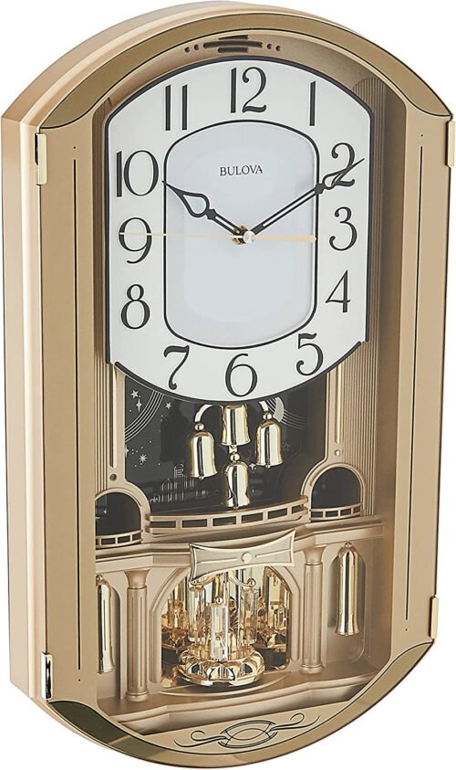 Golden Music Wall Clock Gold Tone Case with Rotating Crystal Pendulum 12 Melodie