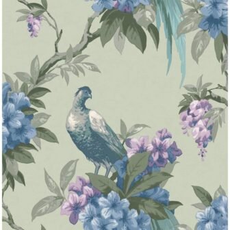 Golden Pheasant Sage Floral Strippable Non-Woven Paper Wallpaper
