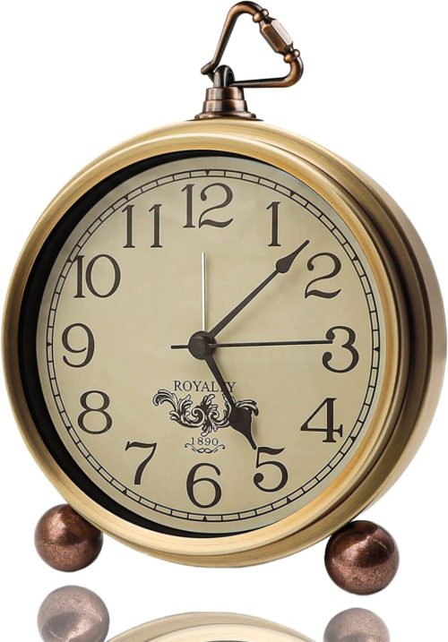 Golden Table Clock, Retro Vintage Non-Ticking Table Desk Alarm Clock Battery Ope