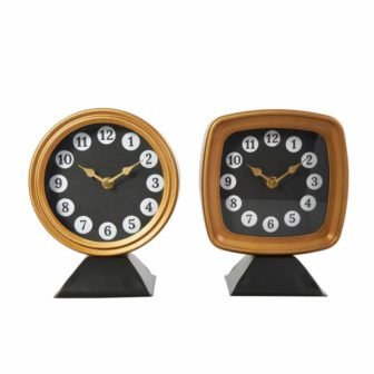 Gold Metal Round and Square Tabletop Clock with Black Bases and White...