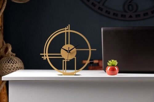 Gold Tabletop Minimalist Lineal Circle Metal Slient Clock, Unique Desk clocks,