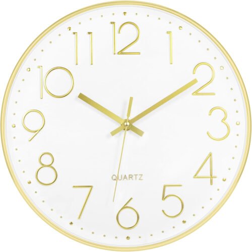 Gold Wall Clock 12 Inch Silent Non-Ticking Battery Operated round Modern Clock f