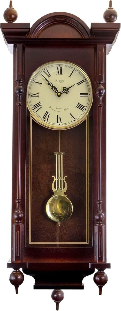 Grand 31 Inch Chiming Pendulum Wall Clock in Antique Mahogany Cherry Finish