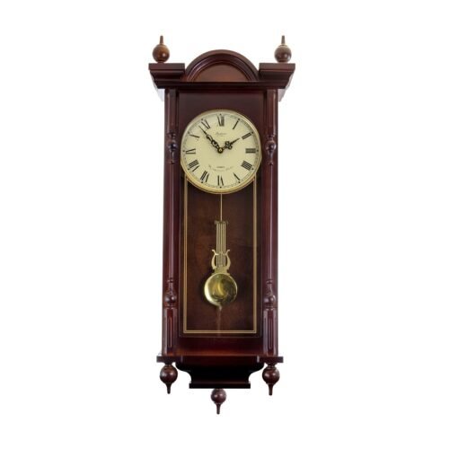 Grand 31 Inch Chiming Pendulum Wall Clock in Antique Mahogany Cherry Finish