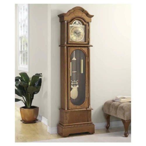 Grandfather Clock Traditional 72 in Oak Floor Standing Glass Metal Rectangle