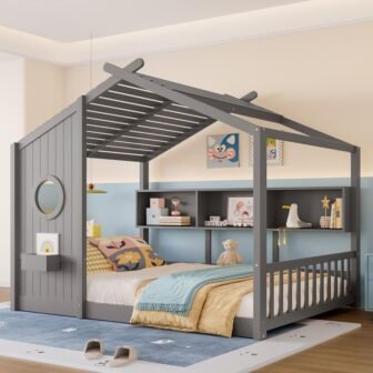 Gray Full Size House-shaped Kids Montessori Bed, Floor Bed with Storage Shelf,...