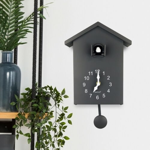 Gray Minimalistic Cuckoo Clock Black Window 4 Birds Wall Clock Swing Pendulum