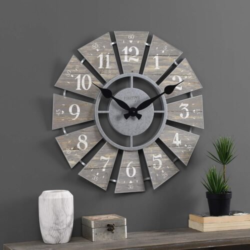 Gray Numeral Windmill Wall Clock, Large Vintage Decor for Living Room