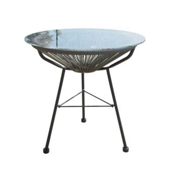 Gray Round Wicker Outdoor Side Table with Round Glass Top