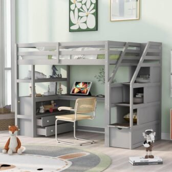 Gray Twin Size Wooden Loft Bed with Storage Staircase, Built-in Desk, Shelves...