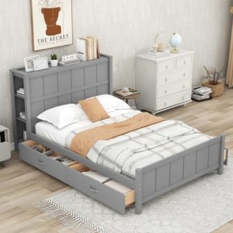 Gray Wood Frame Full Size Platform Bed with 4-Drawers and 6-Storage Shelves