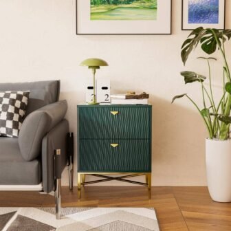Green 2-Drawer Water Ripple Finish Designs Wood Nightstand with Square Support Legs