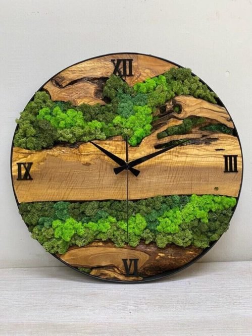 Green Grass Nature 's Design Metal Olive Wood Wall Clock Wooden Home Decorative