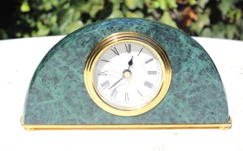 Green Marble Desk Clock, Half Round Shaped Desk Clock w/Gold Details
