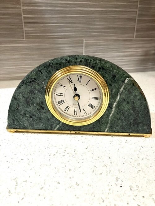 Green Marble Desk Clock, Oval shape desk clock with gold details and fitting.