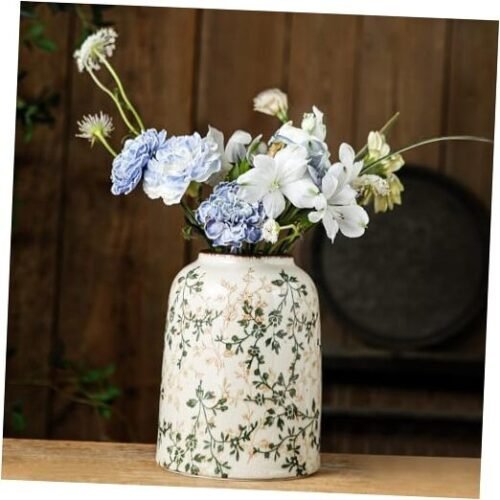 Green Vintage Vase, Chinoiserie Floral Vases, Retro Ice Green and Beige-001