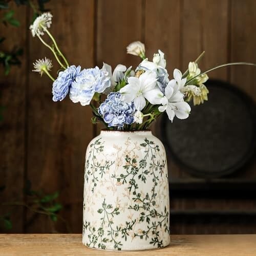 Green Vintage Vase, Chinoiserie Floral Vases, Retro Ice Green and Beige-001