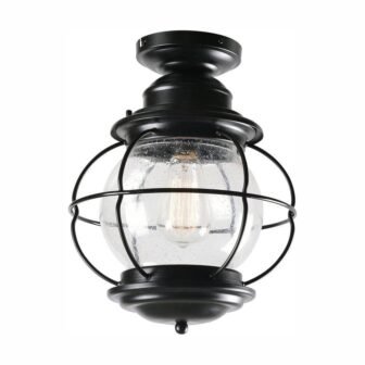 Greer 1 Light Black Outdoor Semi Flush Mount Ceiling Light with Caged Seeded Glass