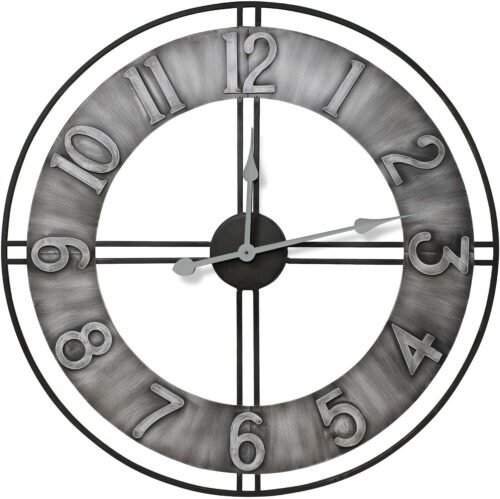 Grey Large 24" Oversized Distressed Finish Style Wall Clock, Modern Rustic - NEW