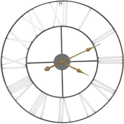 Grey/White Metal Oversized 24" Round Wall Clock, Roman Numerals, Quartz - NEW