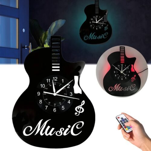 Guitar-Shaped Wall Clock with 7-Color LED Lights – Modern Decorative Timepiece