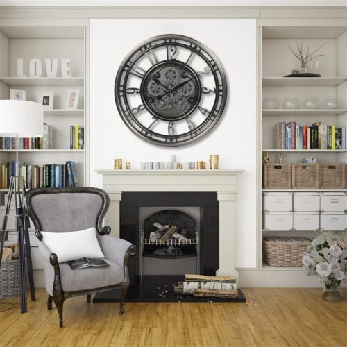 Gunmetal, CLXEAST 28" Industrial Moving Gear Wall Clock for Living Room Modern