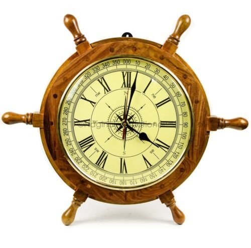 Handcrafted Nautical Ship Wheel Wall Clock with Pirate Compass Dial | 18" inch