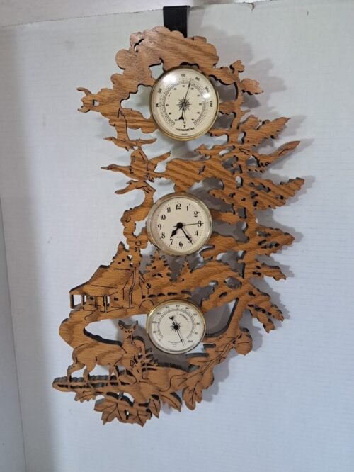 Handcrafted Scroll Art Wood Wall Clock Thermometer Hygrometer Deer Cabin