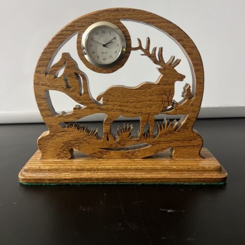 Handcrafted Wood Cutout Elk quartz Battery Desk Mantel Clock Signed