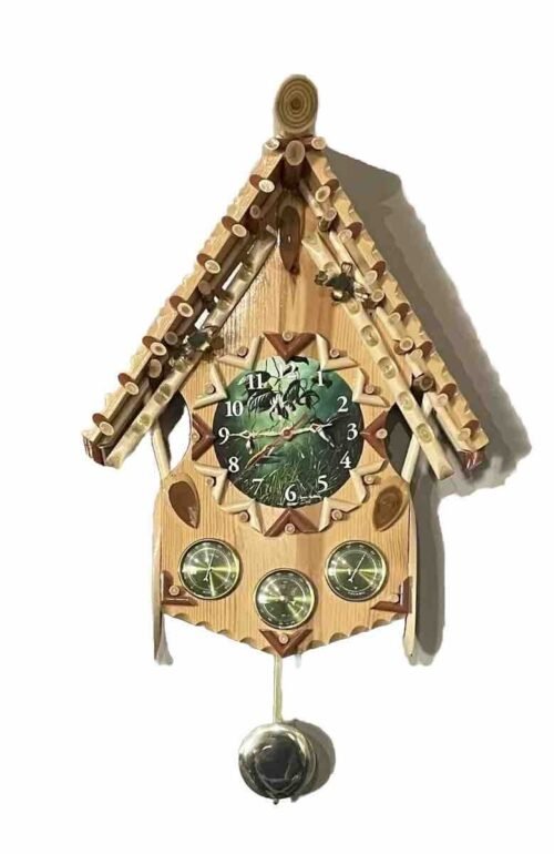 Hand Crafted Wooden Log Cabin Wall Clock And Weather Station Hummingbirds Chimes