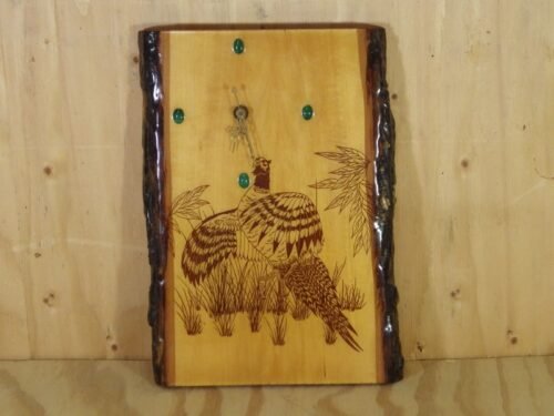 Hand Crafted Wood Slab Wall Clock Pheasant Scenery Malachite Face Markers