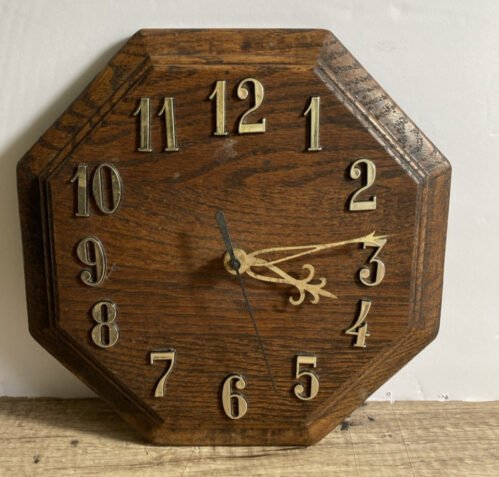 Handmade 8"in Wooden Wall Clock Octagon Wood Finish Gold Numbers And Hands WORKS