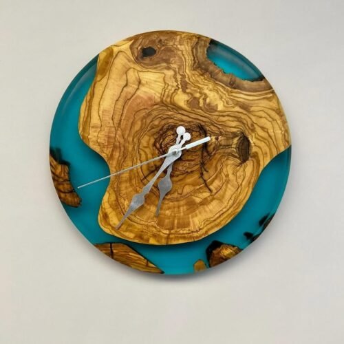 Handmade Epoxy Wall Clock Mirror Set with Olive Wood Unique 3-Piece Decor 20''