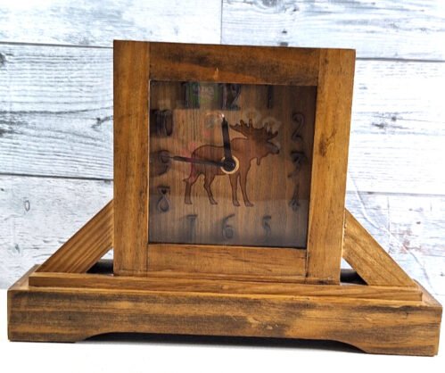 Handmade Moose Table / Mantel Clock AA Battery TESTED WORKS Wooden Square