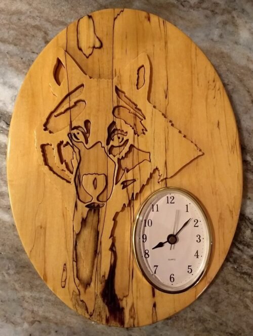 Handmade Rasied Jigsaw Cut Wooden Wolf Face Clock (Excellent Condition)