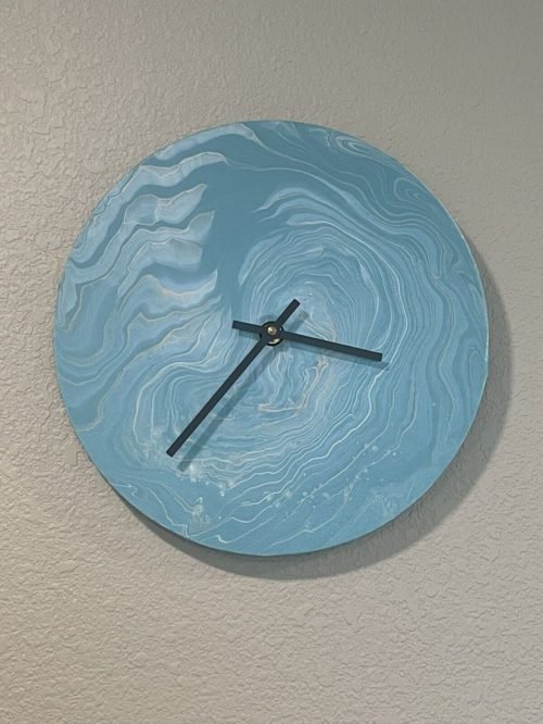 Hand Made Silent Wall Clock Abstract Painted Blue Turquoise Art