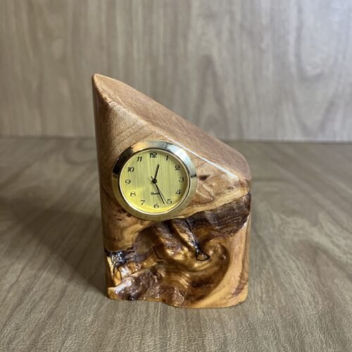 Handmade Vintage 90s Natural Burl Wood Small Desk Clock Woodstuff Ann Arbor MI