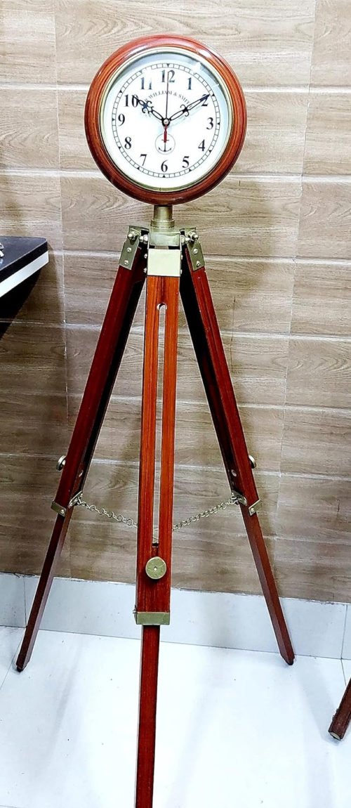 Handmade Wooden Floor Clock/Vintage Clock on Tripod Floor Stand Home Office Deco