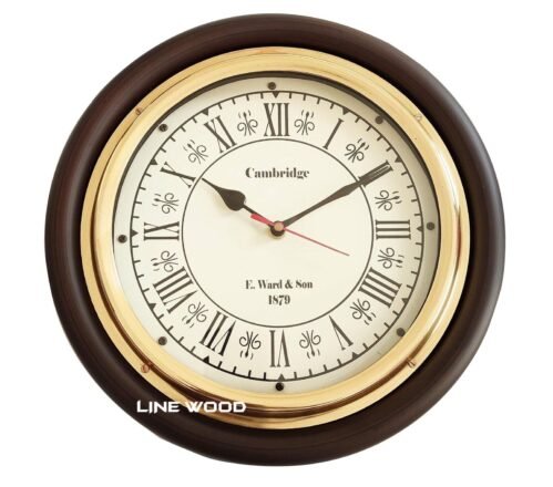 Handmade Wooden Wall Clock Brass 16 inch Antique Style ~ Nautical, Home Decored