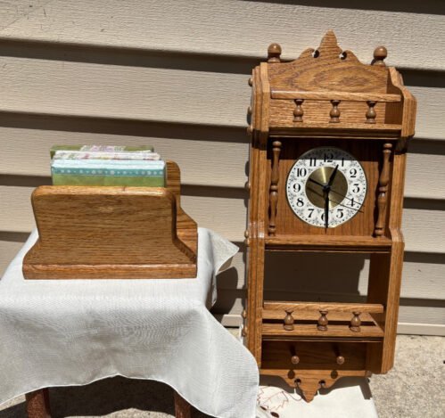 Handmade Working Country Oak Wood Wooden Wall Clock with Matching Napkin Holder