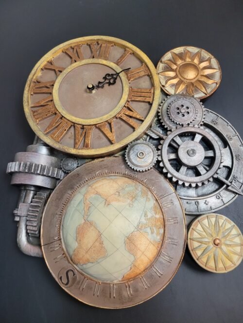 Hand Painted 16.5" Gears Of Time Sculptural Wall Clock Handcraft. Needs Hand