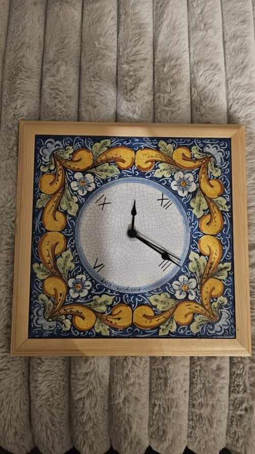 Hand Painted Tile Floral Free-Standing Clock on Wood Tested Possibly Italian